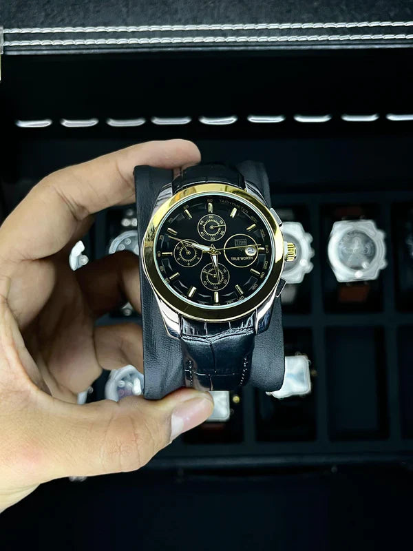 True Worth Original Chronograph Leather Strap Watch - Black