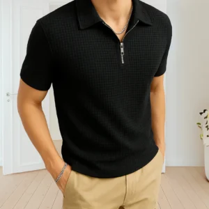 Waffle Knit Zipper Polo T-Shirt