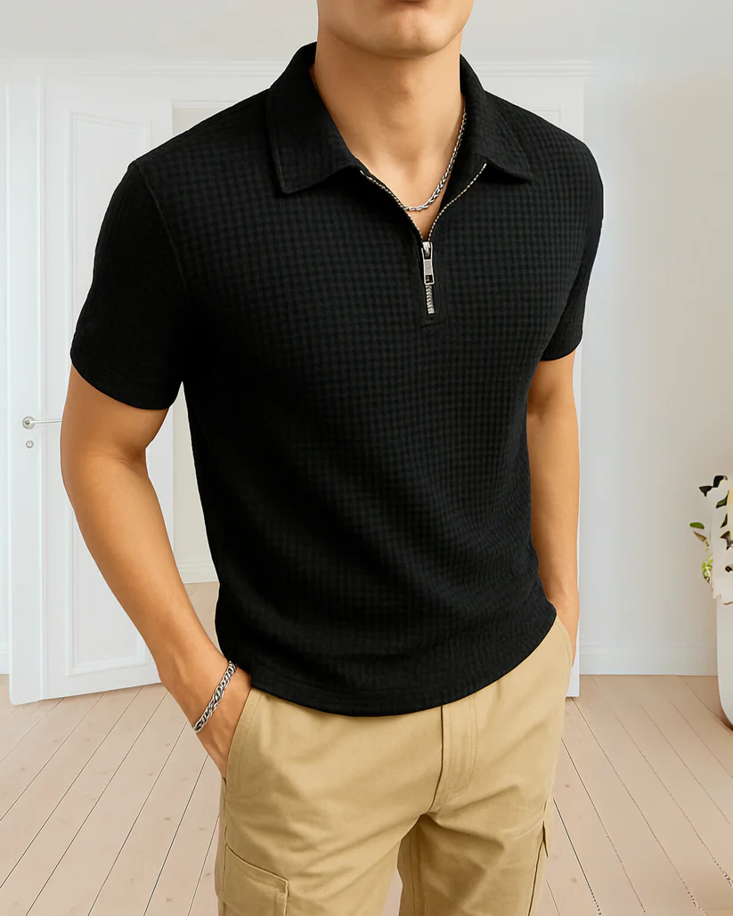 Waffle Knit Zipper Polo T-Shirt