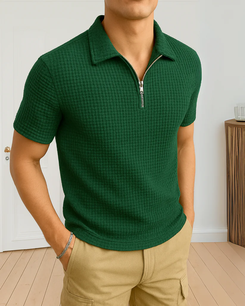 Waffle Knit Zipper Polo T-Shirt - Image 2