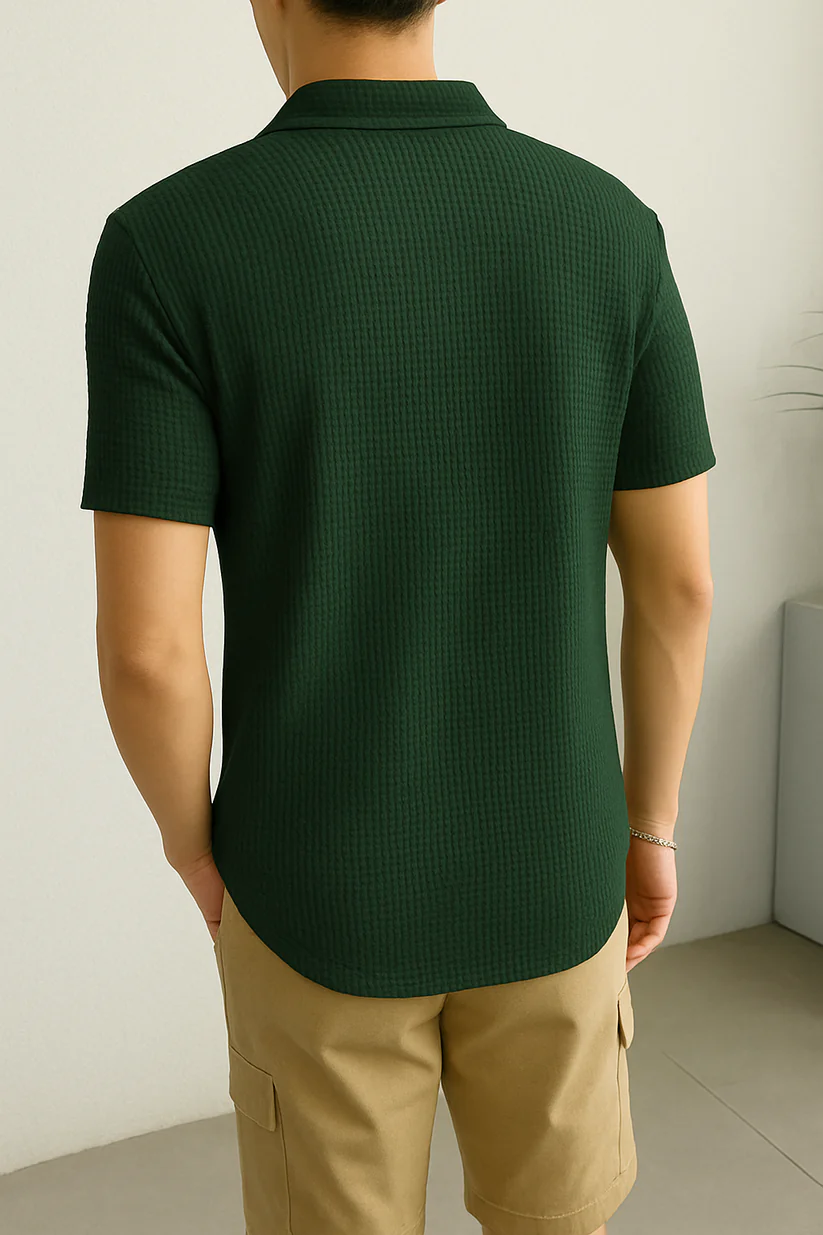 Waffle Knit Zipper Polo T-Shirt - Image 5