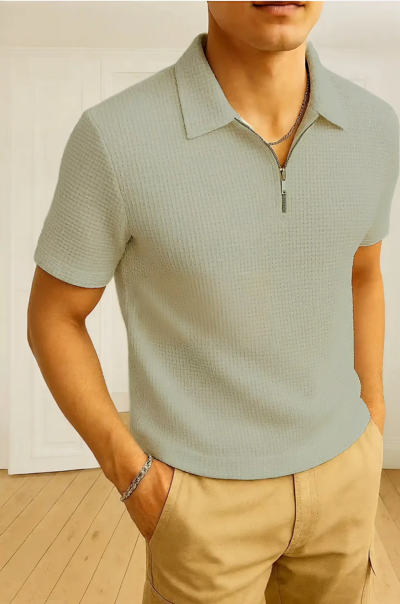 Waffle Knit Zipper Polo T-Shirt - Image 3