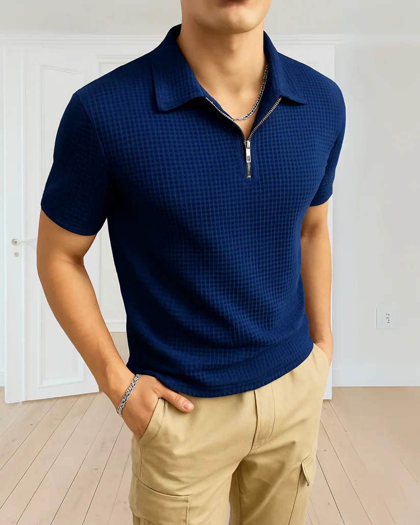 Waffle Knit Zipper Polo T-Shirt - Image 4