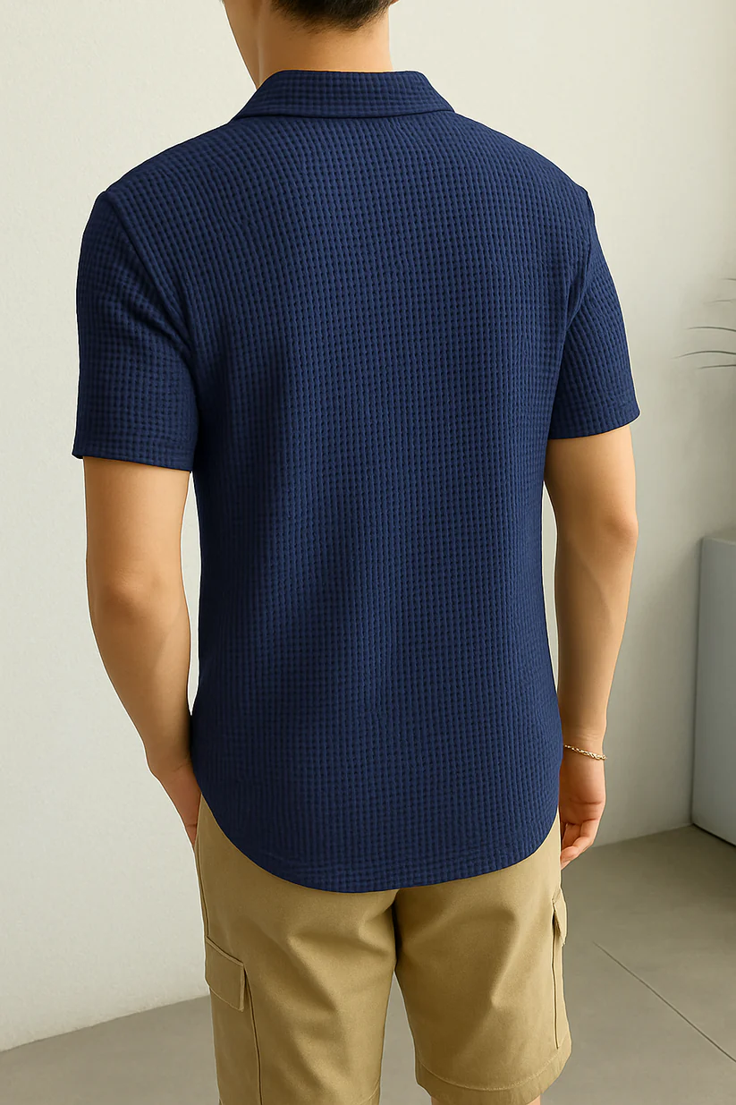 Waffle Knit Zipper Polo T-Shirt - Image 6